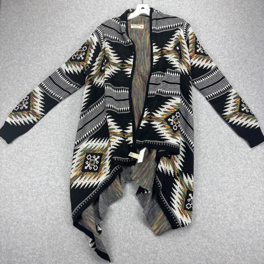 Ruff Hewn Cardigan Womens S Black Southwestern Aztec Knit Drape Open Front Boho